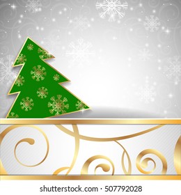 Vector illustration: White paper-craft horizontal postcard with green christmas tree and snowflakes