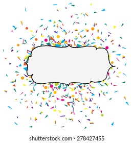 Vector illustration of a white party background with colorful confetti and a frame for your text