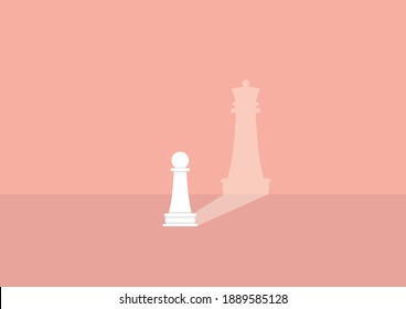 Vector illustration of a white pawn and the shadow of the queen on the wall. The pawn dreams of becoming a queen.