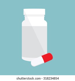 Vector illustration white pill bottle with pills and capsules on blue background. Medicine bottle