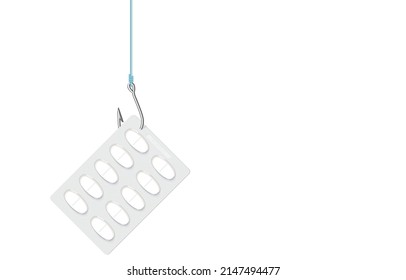 Vector illustration of white pills in blister pack or tablets in package hanging on fishing hook with rope,copy space,on white,All drugs are dangerous.Beware of being victim of self-medication.