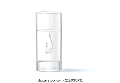 Vector illustration of white pills hanging on fishing hook with rope,dangers of drug use,drug victim,isolated on white background.Be careful of self-medication,consult doctor before using drug.