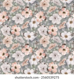 Vector illustration of white and pink flowers on a browny beige background. seamless floral textile design.