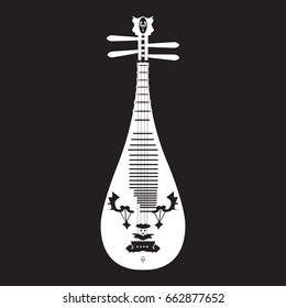 Vector illustration of white pipa template on black background. Chinese string plucked musical instrument in flat design.