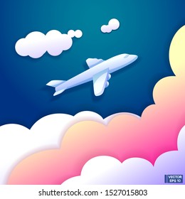Vector illustration. White plane flies on background a blue sky and clouds.