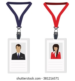 Vector illustration white plastic lanyard  badge with woman and man photo vector isolated. Name badge. Name tag. Employee badge