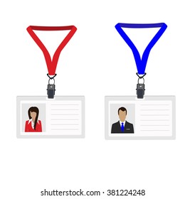 Vector illustration white plastic lanyard with woman and man photo. Name badge. Name tag. Employee badge