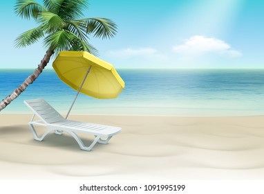 Vector illustration of white plastic lounger under yellow beach umbrella with palm. Isolated on landscape background