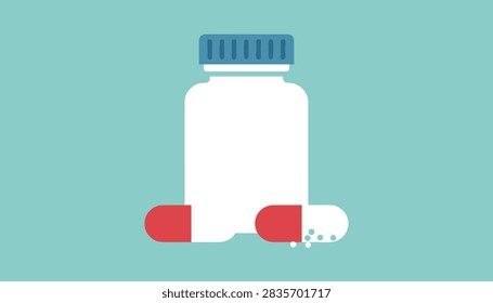 Vector illustration of a white plastic medicine bottle with a blue lid and red and white capsules on a light blue background.