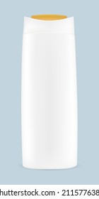 Vector illustration. White plastic shampoo bottle or shower gel with colorful cap on a colored isolated background with shadows. Mockup template for your design.