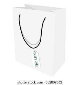 Vector illustration white plastic shopping paper bag with duty free label, sign. 