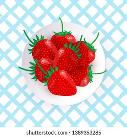 Vector illustration of white plate with fresh ripe strawberries on blue  checkered tablecloth. Cute Summer poster with  fruits in cartoon style. Top view on dish with sweet red ripe strawberries.