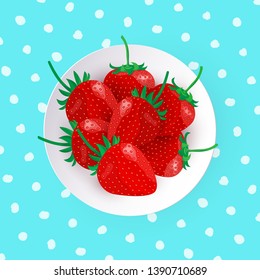 Vector illustration of white plate with fresh ripe strawberries on blue polka dot tablecloth. Cute Summer poster with  fruits in cartoon style. Top view on dish with sweet red ripe strawberries.