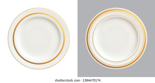 Vector illustration of white plates with gold trims, isolated on white and dark backgrounds.