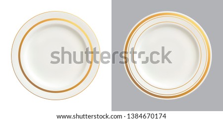 Vector illustration of white plates with gold trims, isolated on white and dark backgrounds.