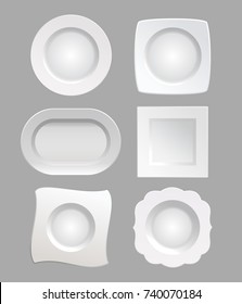 Vector illustration white plates set isolated on grey color background in realistic style.