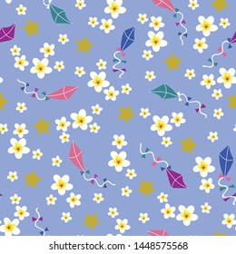 vector illustration. white plumeria flowers, flying kites and stars on baby blue background seamless repeat pattern. Perfect for baby boy apparel,textiles, and nursery decoration.