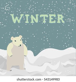Vector illustration of white polar bear walking in winter landscape, snow falling, blue sky. Winter  hand lettering.