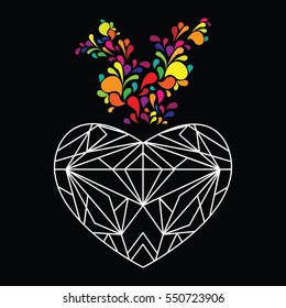 vector illustration of white polygonal graphic heart and colorful drops splash  for modern Valentines Day design 