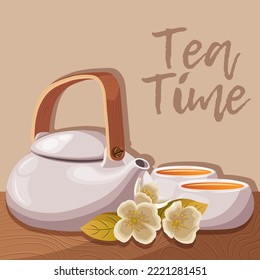 Vector illustration of white porcelain ceramic teapot with wooden handle, couple of cups mugs, jasmine leaves and flowers standing on a wooden table and text Tea time.