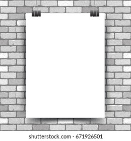 Vector illustration of a white poster hanging on a clerical clip on a white brick wall background