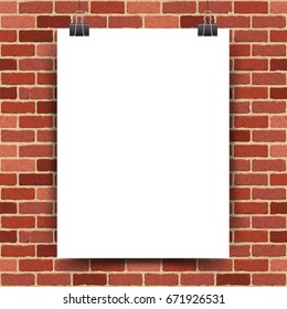 Vector illustration of a white poster hanging on clerical clips on a red brick wall background