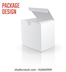 Vector Illustration of White Product Cardboard Package Box for Design, Website, Banner. Mockup Element Template for Your Brand or Product. White box Isolated on White Background