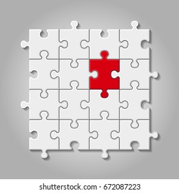 vector illustration of white puzzle made of little pieces with red element