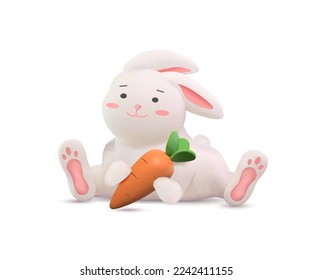 Vector illustration of white rabbit with carrot in 3d style. Character design for Easter hunt on transparent background.