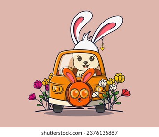 vector illustration of a white rabbit driving a cute car. animal icon concept