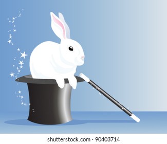 vector illustration of a white rabbit emerging from a magicians hat with magic wand in eps 10 format