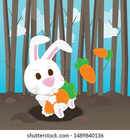 Vector illustration white rabbit hugging carrot jump into the hole on forest background.