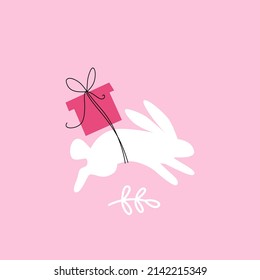 Vector illustration of white rabbit silhouette running with a gift. Print with rabbit symbol of new year 2023. Christmas card.