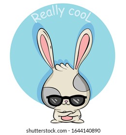 vector illustration of a white rabbit wearing sunglasses on blue background. Good for printing on postcards and polygraphy. Cute illustration with cute animals.