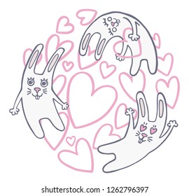 Vector illustration with white rabbits on a background of pink hearts. Clipart with hand drawing bunnies.