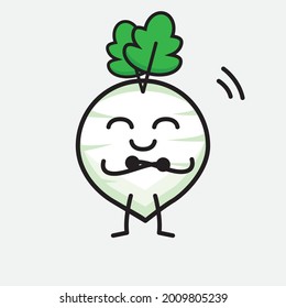 Vector Illustration of White Radish Character with cute face and simple body line drawing on isolated background