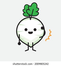 Vector Illustration of White Radish Character with cute face and simple body line drawing on isolated background