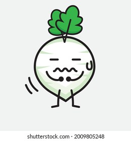Vector Illustration of White Radish Character with cute face and simple body line drawing on isolated background