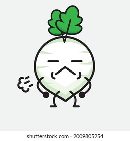 Vector Illustration of White Radish Character with cute face and simple body line drawing on isolated background