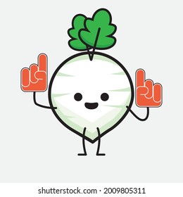 Vector Illustration of White Radish Character with cute face and simple body line drawing on isolated background