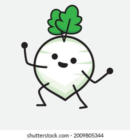 Vector Illustration of White Radish Character with cute face and simple body line drawing on isolated background