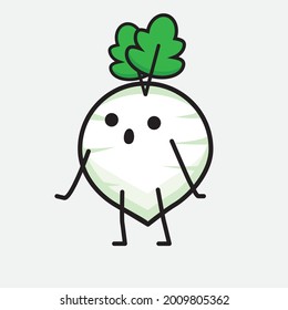Vector Illustration of White Radish Character with cute face and simple body line drawing on isolated background