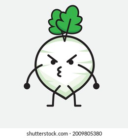 Vector Illustration of White Radish Character with cute face and simple body line drawing on isolated background