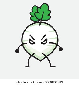 Vector Illustration of White Radish Character with cute face and simple body line drawing on isolated background