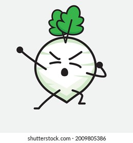 Vector Illustration of White Radish Character with cute face and simple body line drawing on isolated background