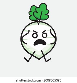 Vector Illustration of White Radish Character with cute face and simple body line drawing on isolated background