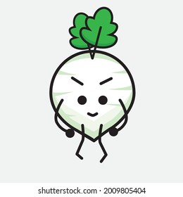 Vector Illustration of White Radish Character with cute face and simple body line drawing on isolated background