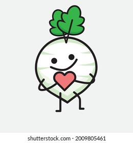 Vector Illustration of White Radish Character with cute face and simple body line drawing on isolated background
