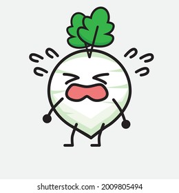 Vector Illustration of White Radish Character with cute face and simple body line drawing on isolated background