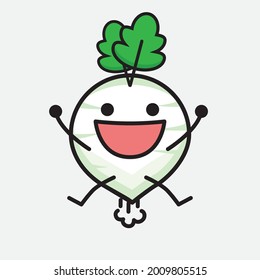Vector Illustration of White Radish Character with cute face and simple body line drawing on isolated background